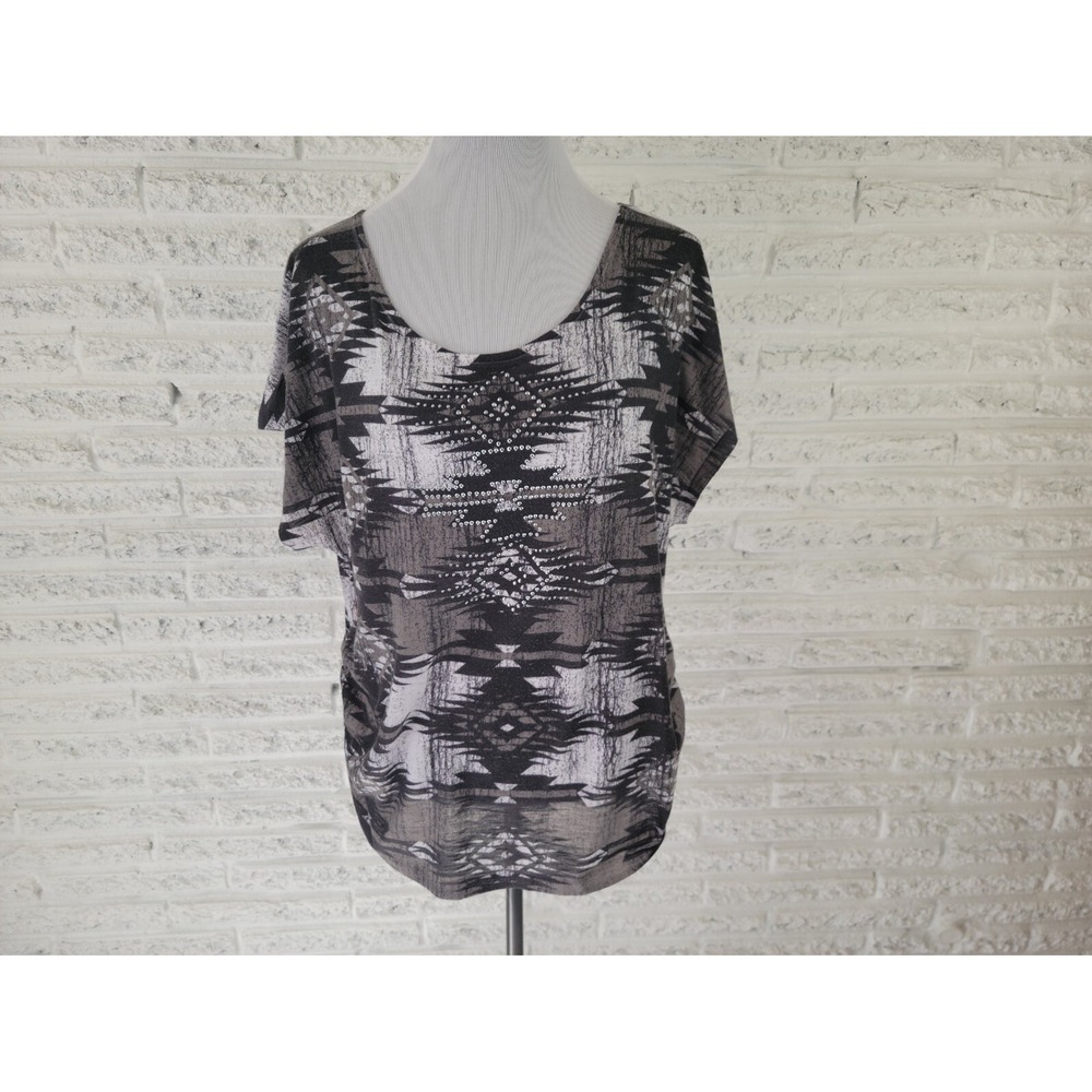 Cato Women's 18W 20W Plus Size Green Black Geometric Studded Short Sleeve Blouse